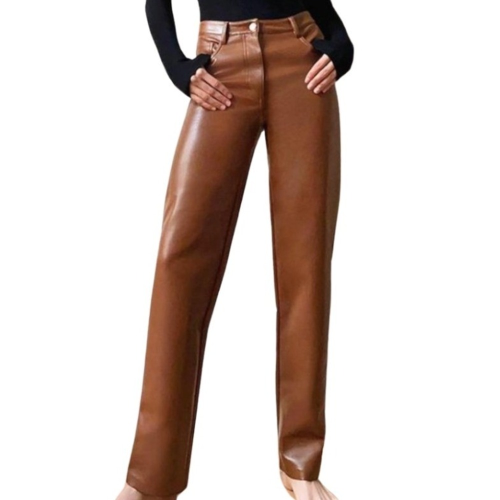Wilfred Aritzia Melina Faux Leather High Rise Straight Leg‎ Pants Brown Size 8